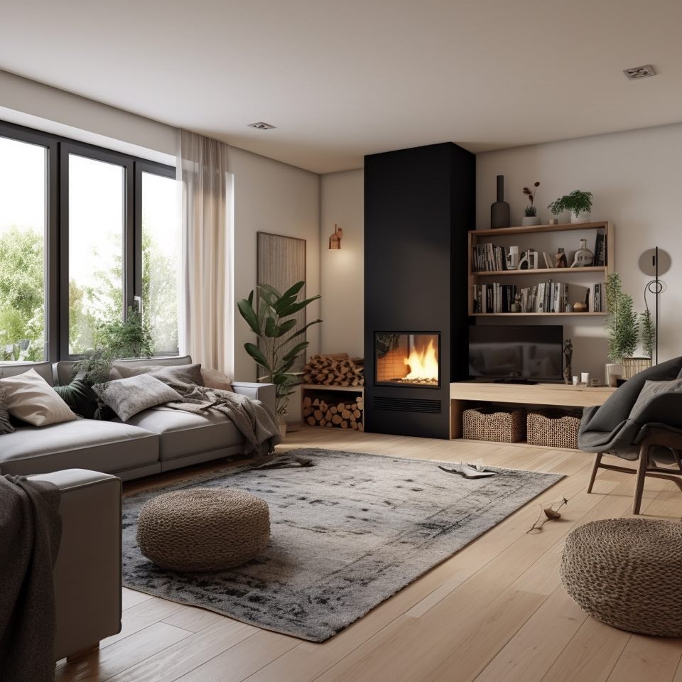 Jasne wnętrze salonu z dużym oknem, szarą sofą, kominkiem z czarną obudową i drewnianym regałem na książki, widok na ogród za oknem, drewniana podłoga i dywan w odcieniach szarości, dwa pufy...