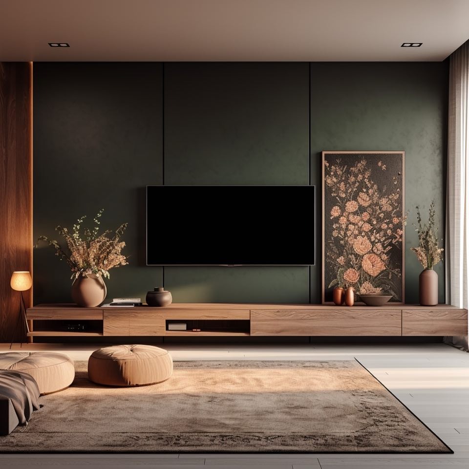 Nowoczesny salon z ciemnozieloną ścianą, drewnianą szafką RTV, telewizorem, obrazem z motywem kwiatowym, wazonami z suszonymi kwiatami, lampką podłogową i pufami na dywanie.