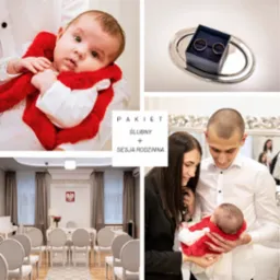 Kolaż zdjęć: niemowlę z czerwoną zabawką, obrączki w pudełku na srebrnej tacy, sala ślubów z flagą Polski i para trzymająca niemowlę.