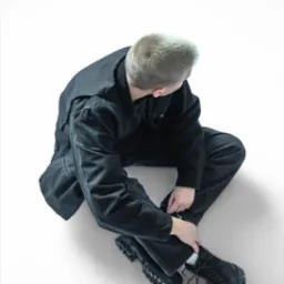 Mężczyzna w czarnym stroju siedzi na białym tle, widok z góry, sznurowanie buta.