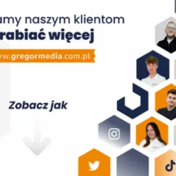 Grafika reklamowa firmy GregorMedia z Chojnic, prezentująca zespół i ikony mediów społecznościowych w heksagonalnym układzie, z hasłem 'Pomagamy naszym klientom zarabiać więcej' i adresem strony...