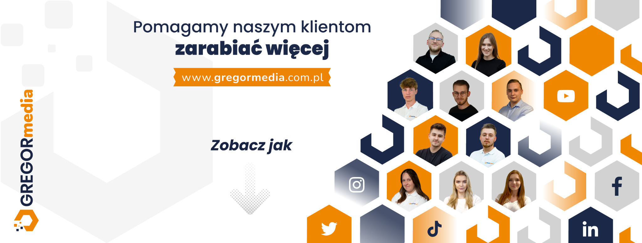 Grafika reklamowa firmy GregorMedia z Chojnic, prezentująca zespół i ikony mediów społecznościowych w heksagonalnym układzie, z hasłem 'Pomagamy naszym klientom zarabiać więcej' i adresem strony...