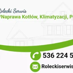 Wizytówka firmy instalacyjnej z numerem telefonu i adresem e-mail, oferującej montaż i naprawę kotłów, klimatyzacji i pomp ciepła, z logotypem kropli w kolorach tęczy i sylwetką domu w tle.