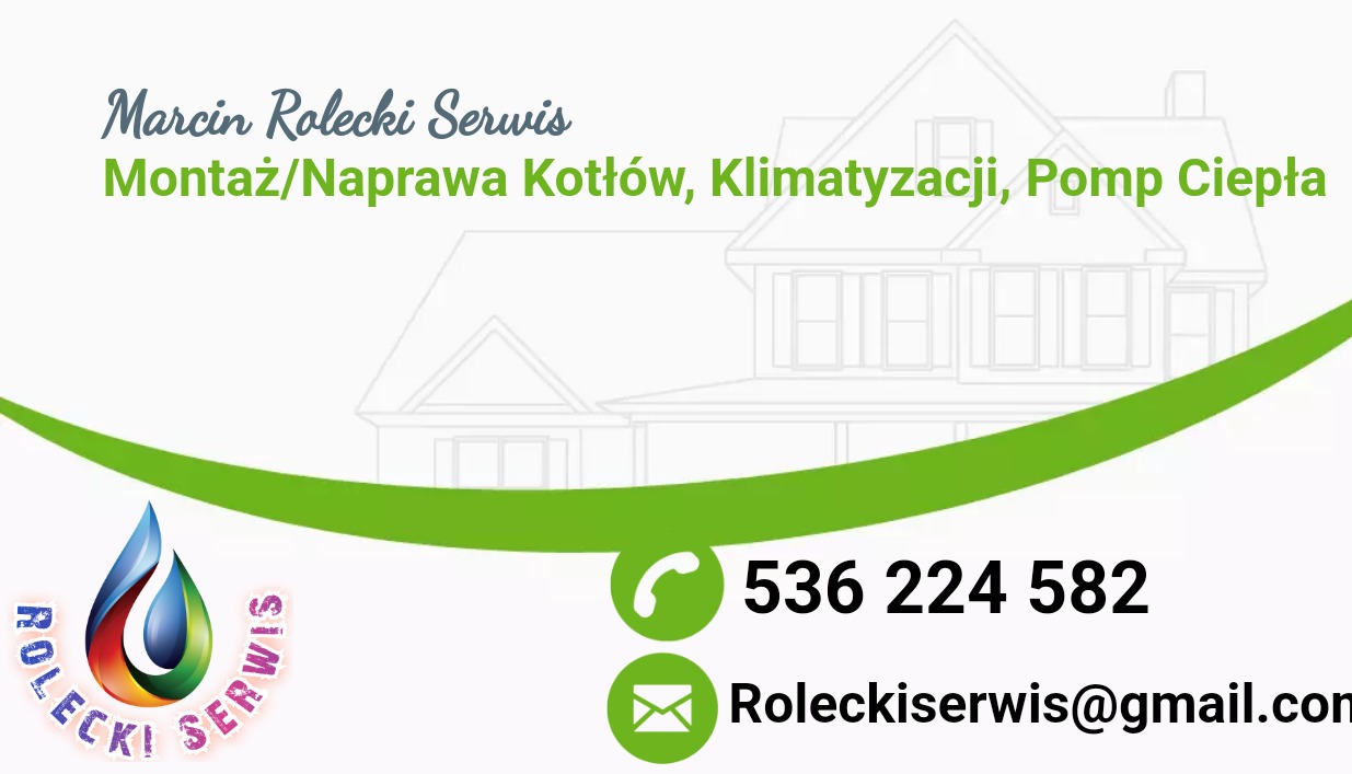 Wizytówka firmy instalacyjnej z numerem telefonu i adresem e-mail, oferującej montaż i naprawę kotłów, klimatyzacji i pomp ciepła, z logotypem kropli w kolorach tęczy i sylwetką domu w tle.