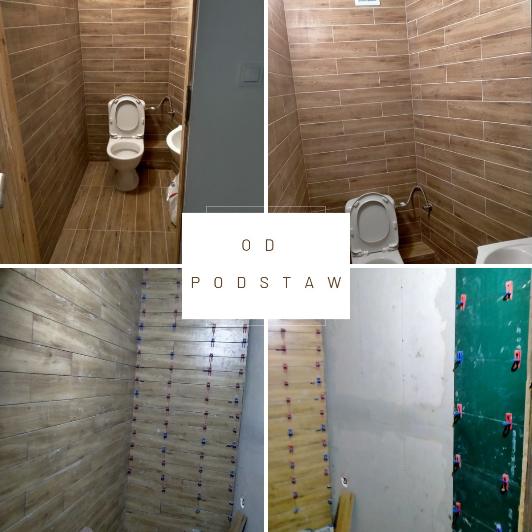 Kafelkowana łazienka z brązowymi płytkami imitującymi drewno, widok na toaletę, umywalkę i fragment ściany w trakcie układania płytek z użyciem klipsów poziomujących.