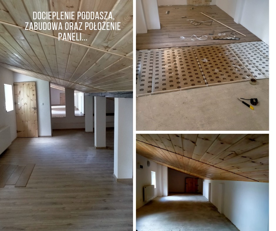 Montaż paneli podłogowych na poddaszu, widoczne etapy prac: ułożona izolacja, rozłożone panele, drewniana boazeria na skośnym suficie, białe ściany i kolumny, drzwi z surowego drewna.