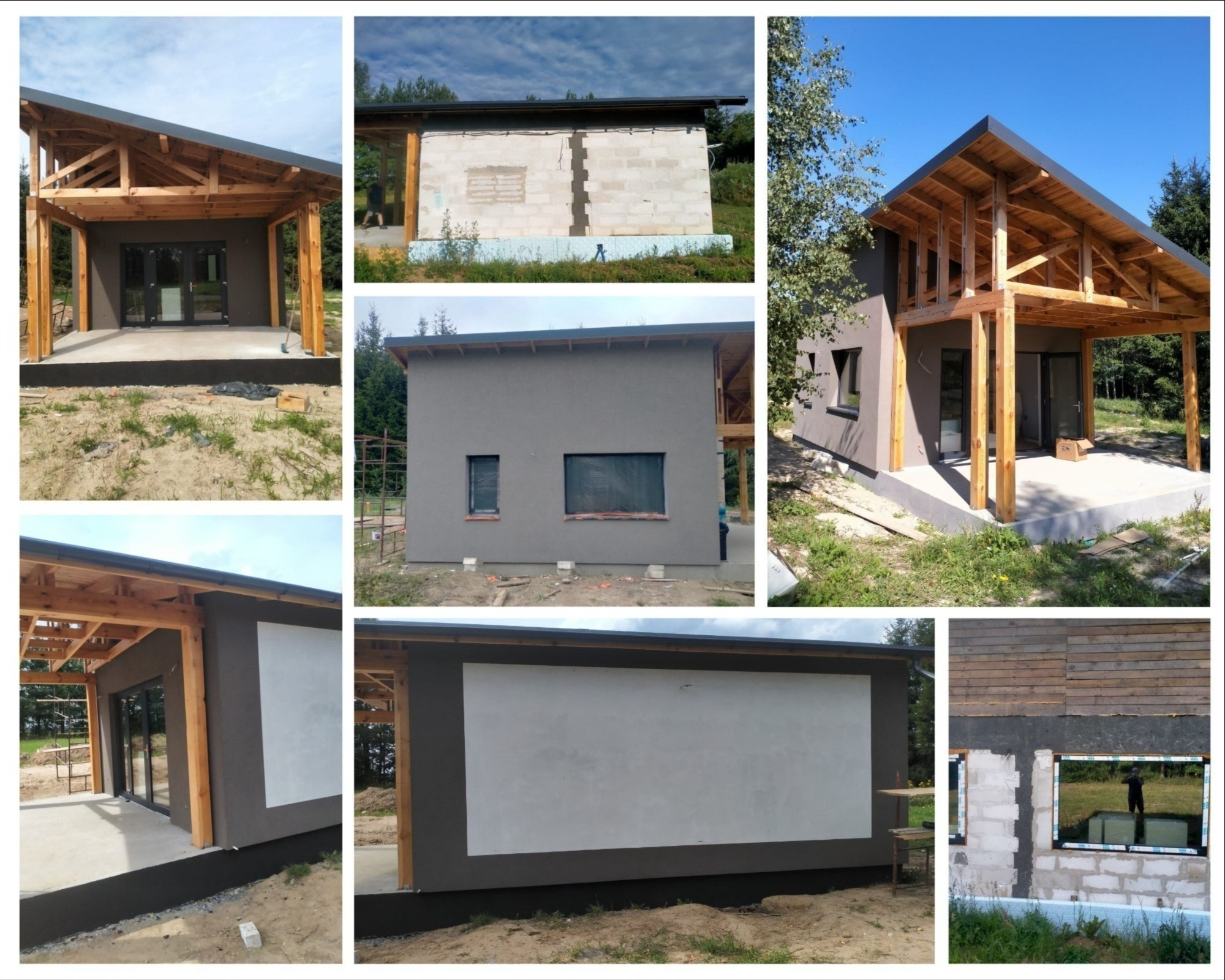 Dom jednorodzinny w trakcie wykańczania elewacji w Bisztynku-Kolonii, widoczne fragmenty ocieplenia, szare tynki i drewniana konstrukcja zadaszenia tarasu.