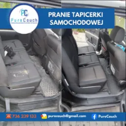 Tapicerka samochodowa przed i po czyszczeniu: po lewej brudne siedzenie z piaskiem, po prawej czyste siedzenie, widoczne gumowe dywaniki pod nogami.