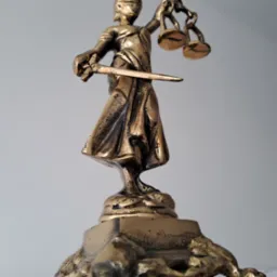 Złota statuetka Temidy z zasłoniętymi oczami, trzymająca wagę i miecz, na ozdobnej podstawie.