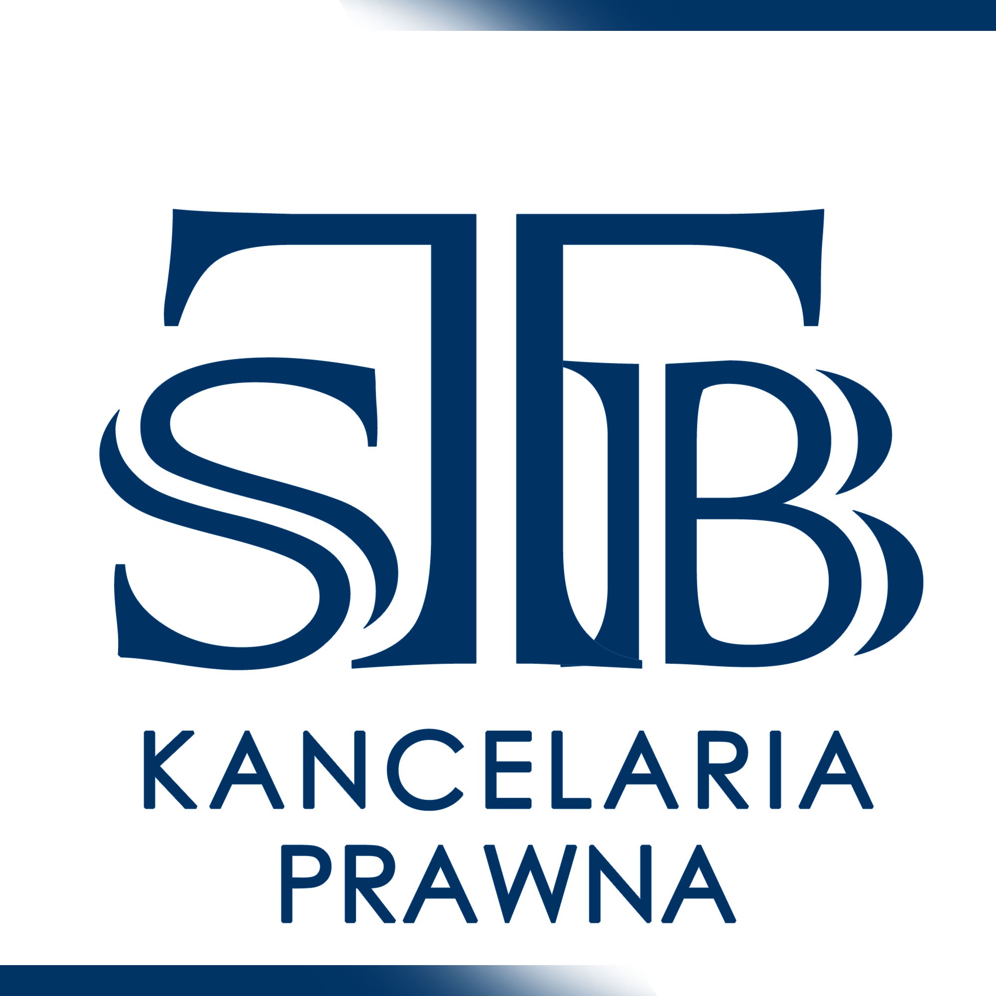 Granatowe logo Kancelarii Prawnej z inicjałami S, I, B w stylizowanej formie na białym tle z granatowymi akcentami.