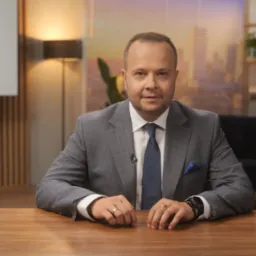 Mężczyzna w szarym garniturze siedzi za biurkiem z mikrofonem krawatowym, w tle widoczny ekran projekcyjny i regał z książkami.