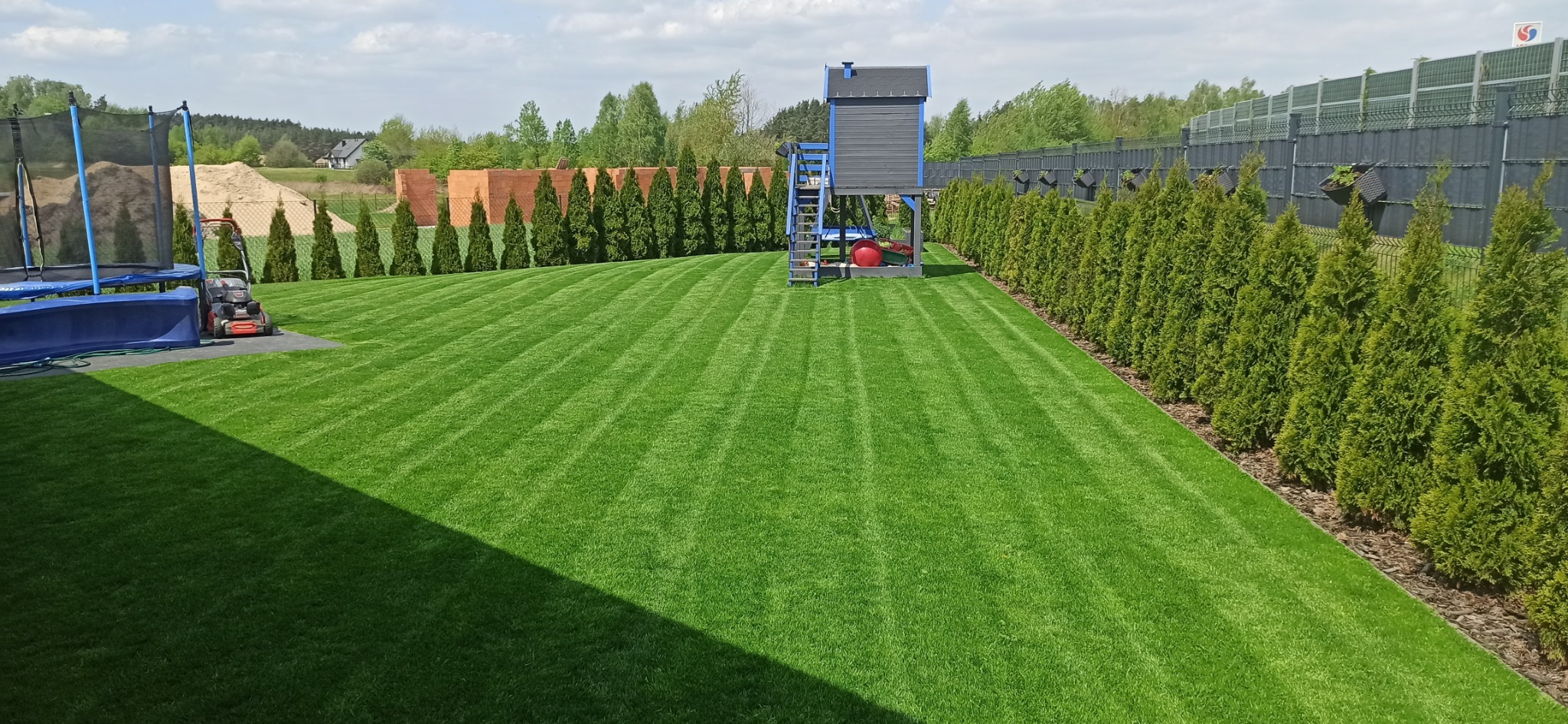 Świeżo skoszony trawnik z równymi pasami, otoczony tujami, z placem zabaw w tle i trampoliną z kosiarką z boku.