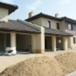 Domy jednorodzinne w zabudowie szeregowej z ciemnymi dachami z dachówki ceramicznej, widoczne rynny i kominy, na pierwszym planie hałda piasku.