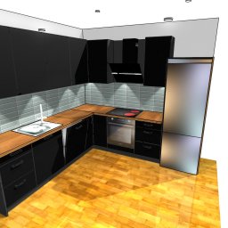 Proste Formy Anna Wojtyłko - Wizualizacja 3D kuchni z czarnymi frontami, drewnianym blatem i płytkami na ścianie, widok na zlew, płytę grzewczą i lodówkę.