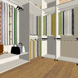 Proste Formy Anna Wojtyłko - Wnętrze przestronnej garderoby z ubraniami wiszącymi na wieszakach, torebkami na półce i drewnianą podłogą.