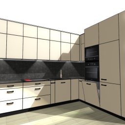 Proste Formy Anna Wojtyłko - Wizualizacja projektu kuchni: beżowe fronty szafek z czarnymi uchwytami, grafitowy blat, przeszklona witryna z oświetleniem, dwie wbudowane piekarniki.