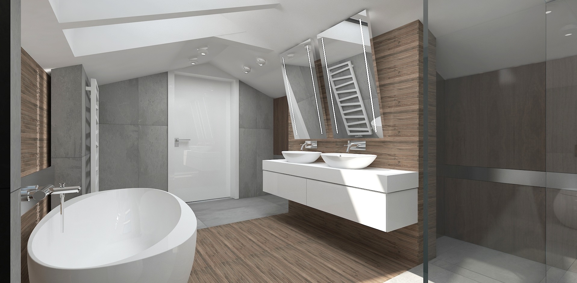 Wizualizacja nowoczesnej łazienki na poddaszu z wolnostojącą wanną, podwójną umywalką nablatową na białej szafce, drewnianą podłogą i szarą ścianą z płytek imitujących beton.