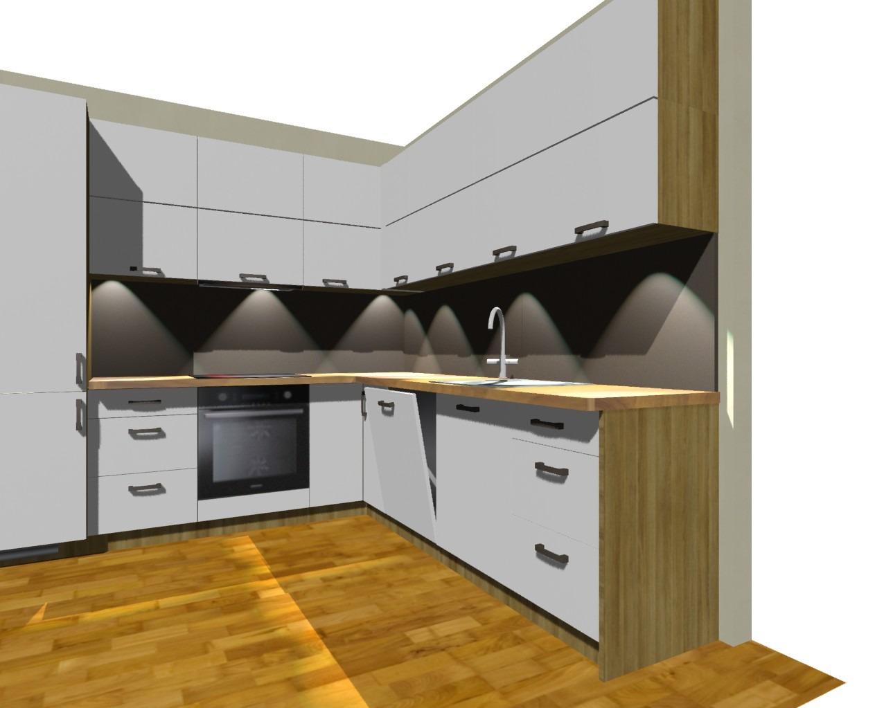 Wizualizacja 3D kuchni z białymi frontami i drewnianym blatem, oświetlenie LED pod szafkami wiszącymi, drewniana podłoga.