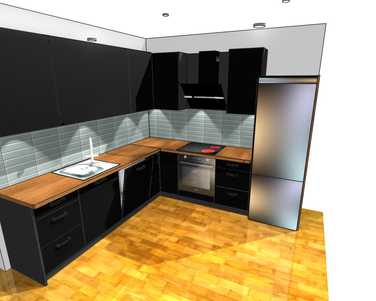 Wizualizacja 3D kuchni z czarnymi frontami, drewnianym blatem i płytkami na ścianie, widok na zlew, płytę grzewczą i lodówkę.