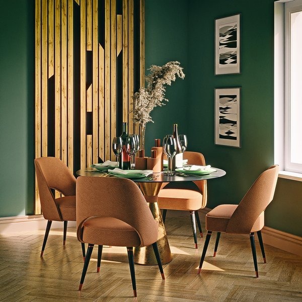 Jadalnia w odcieniach zieleni i brązu: okrągły stół z blatem w kolorze grafitu, ustawiony na złotej, stożkowej podstawie, otoczony czterema tapicerowanymi krzesłami z czarnymi nogami; w tle...