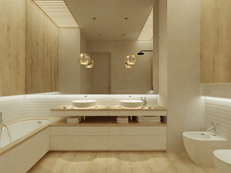 Jasna łazienka z drewnianymi akcentami, podwieszanymi szafkami pod umywalkami, okrągłymi umywalkami i wiszącymi lampami w kształcie kul.