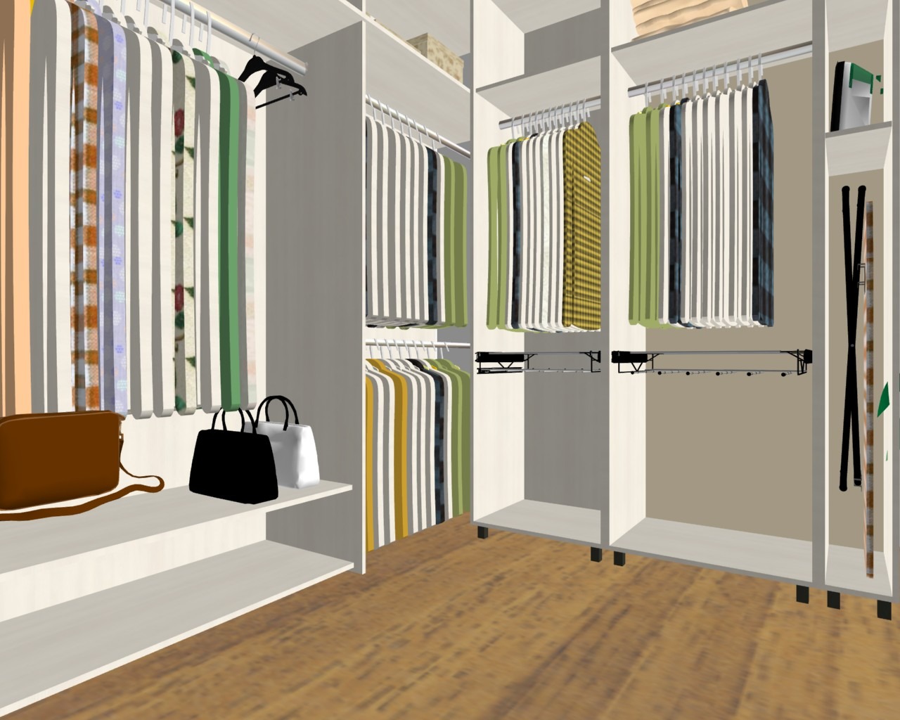 Wnętrze przestronnej garderoby z ubraniami wiszącymi na wieszakach, torebkami na półce i drewnianą podłogą.