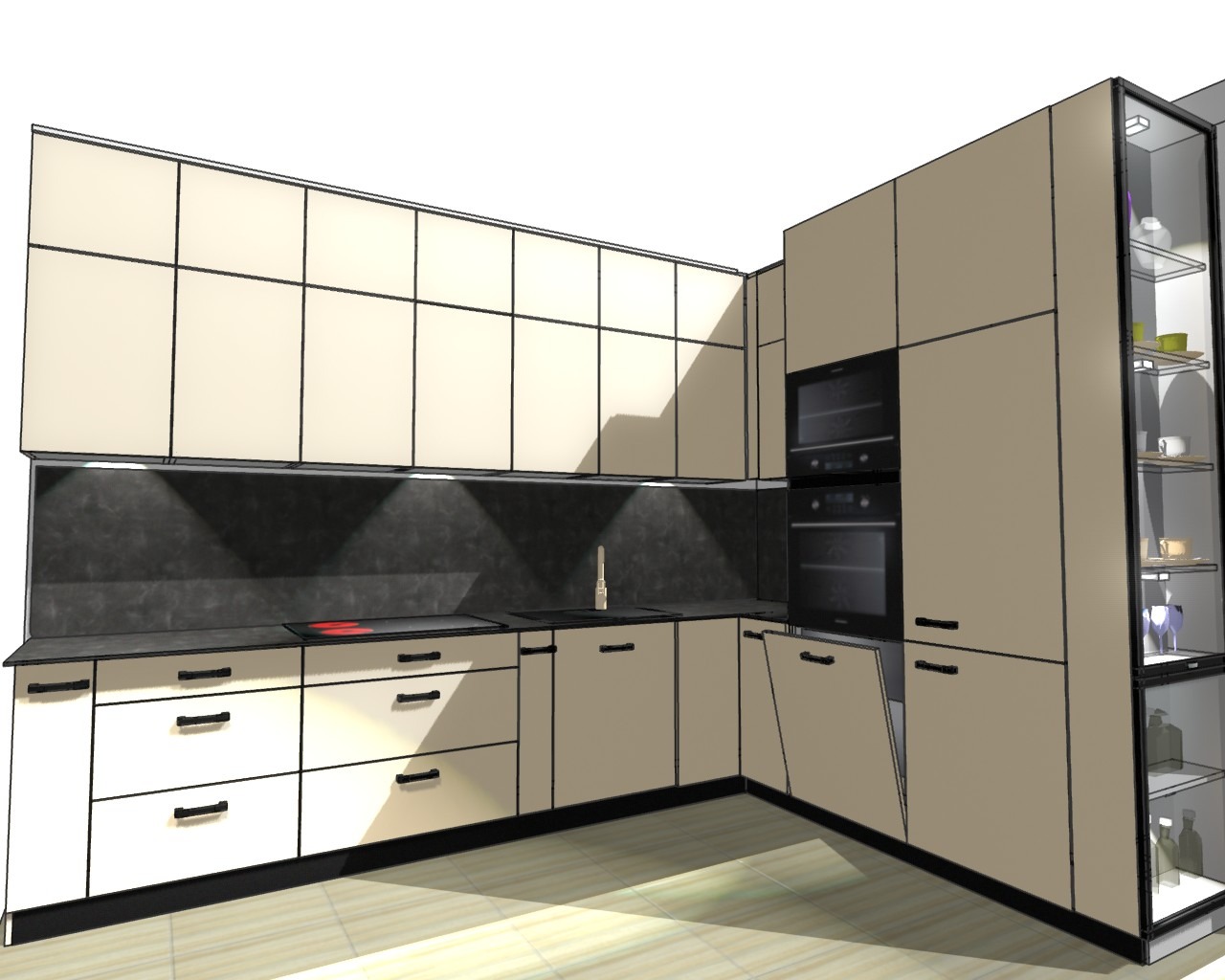 Wizualizacja projektu kuchni: beżowe fronty szafek z czarnymi uchwytami, grafitowy blat, przeszklona witryna z oświetleniem, dwie wbudowane piekarniki.