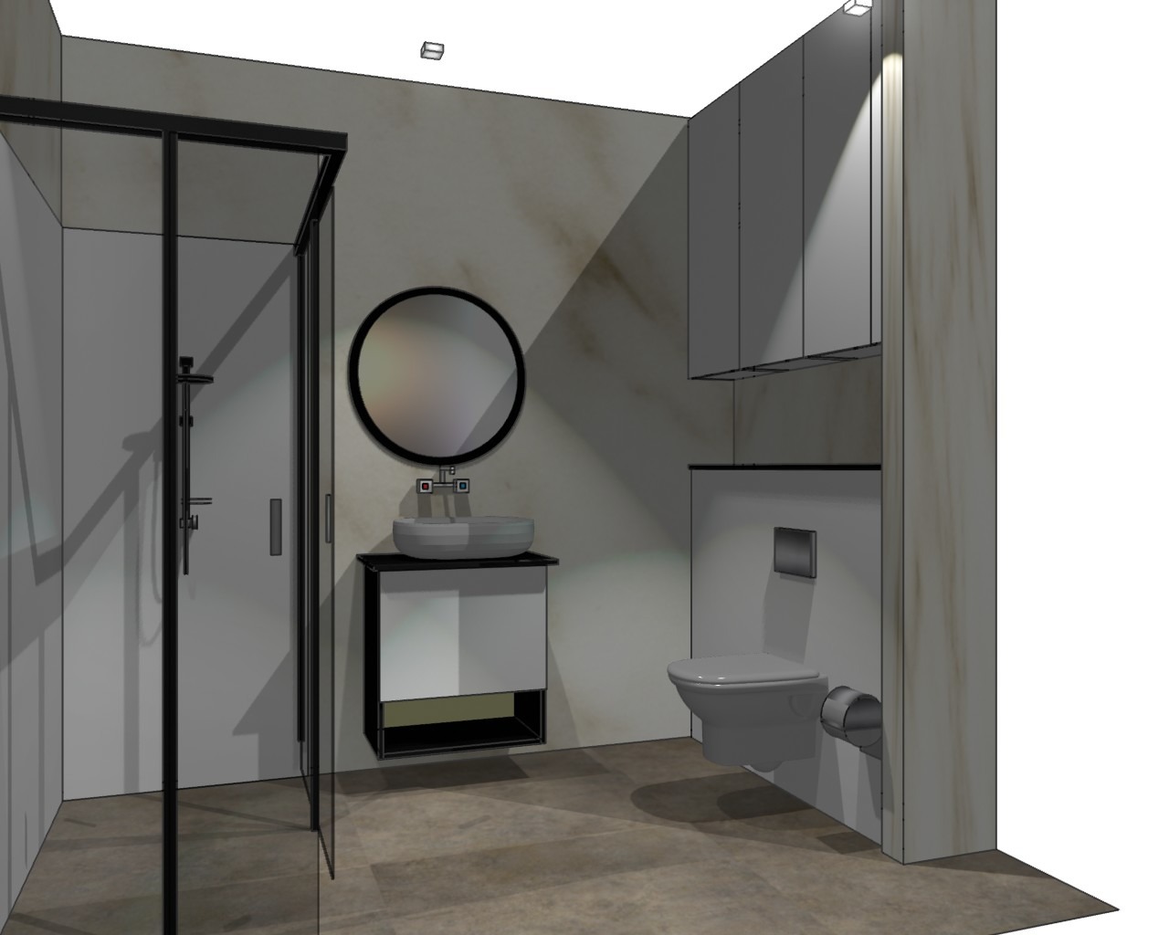 Wizualizacja łazienki z kabiną prysznicową, okrągłym lustrem nad umywalką na szafce oraz podwieszaną toaletą z zabudową szafek.
