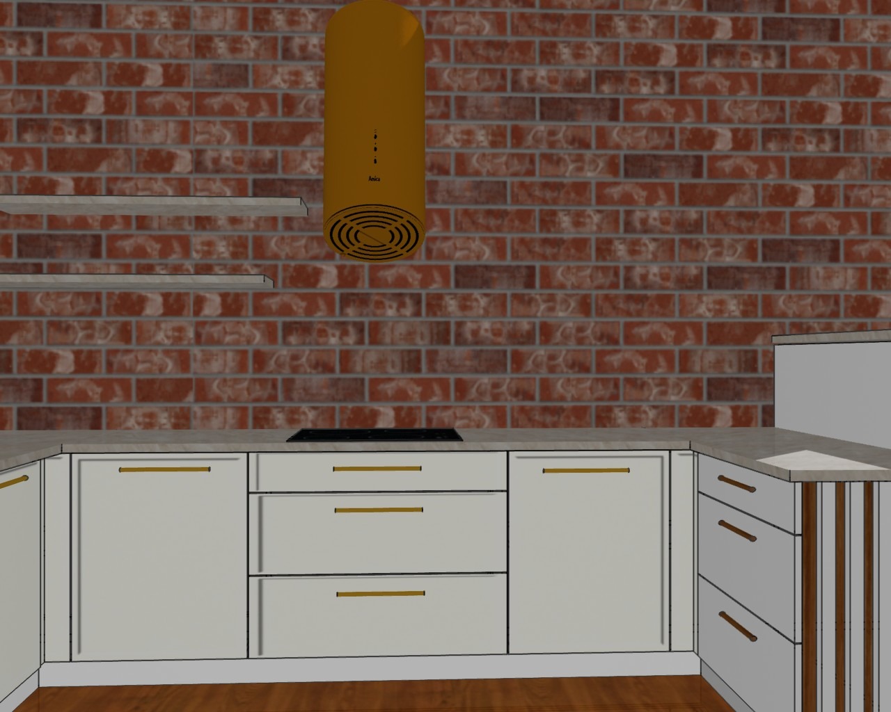 Wizualizacja białej kuchni z złotymi uchwytami na tle ściany z czerwonej cegły, z wiszącymi półkami i żółtym okrągłym okapem.