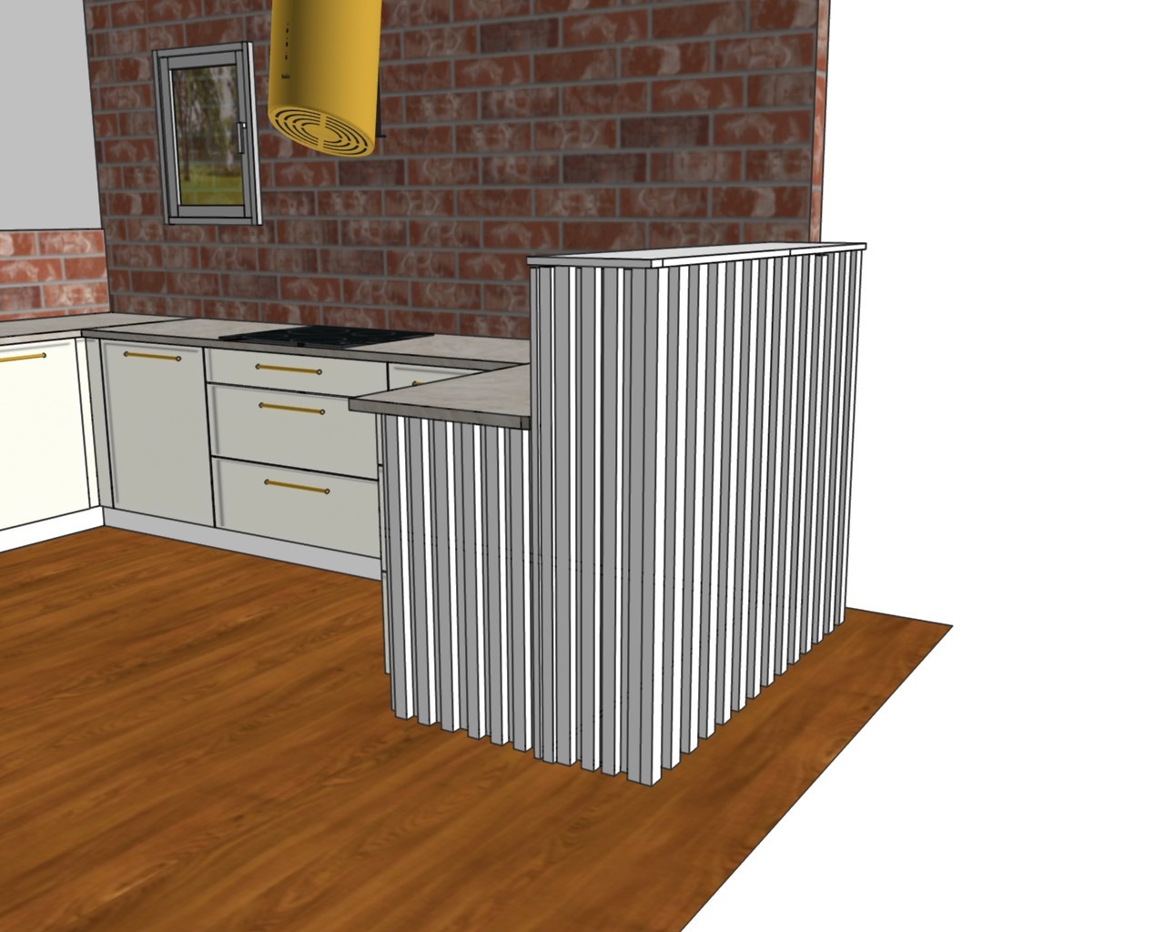 Wizualizacja 3D projektu kuchni z wyspą w Chorzowie, z białymi frontami szafek i okapem w kolorze żółtym, na tle ceglanej ściany.
