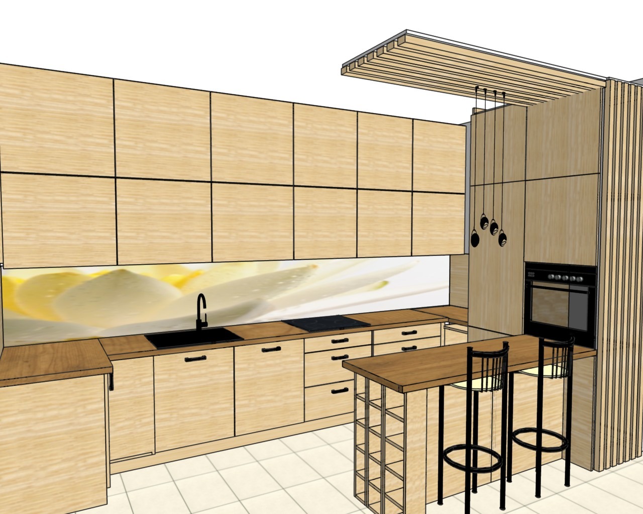 Wizualizacja kuchni z jasnymi drewnianymi frontami, czarnym zlewem i płytą grzewczą, panelem dekoracyjnym z motywem kwiatowym nad blatem, wyspą kuchenną z hokerami i regałem na wino.