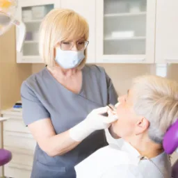 Lekarz w okularach i maseczce, w trakcie badania jamy ustnej pacjentki w fotelu dentystycznym, widoczna lampa zabiegowa i meble medyczne.