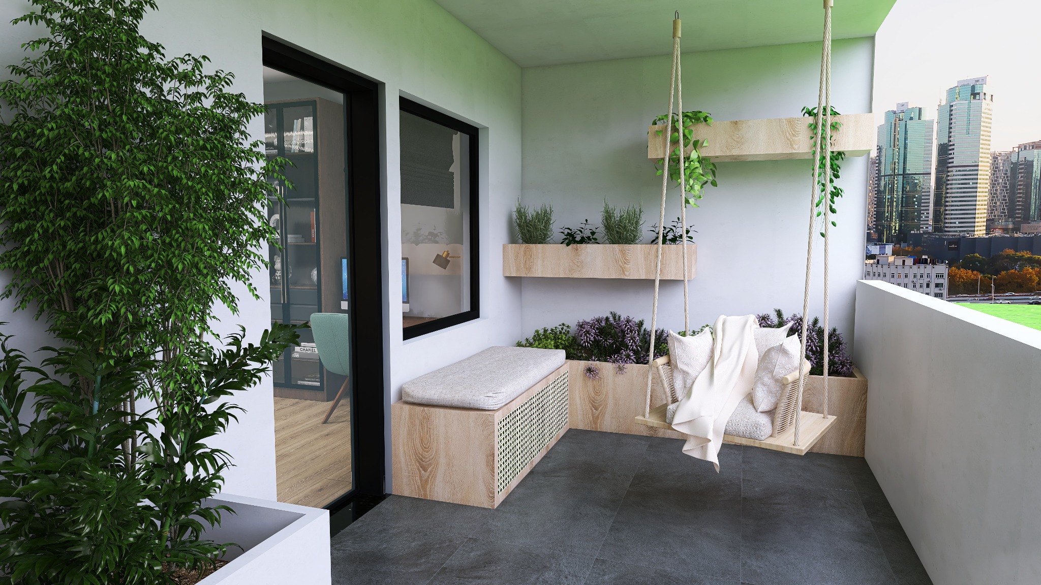 Aranżacja balkonu z huśtawką, siedziskiem z rattanową wstawką, półkami z roślinami i widokiem na miasto za barierką.