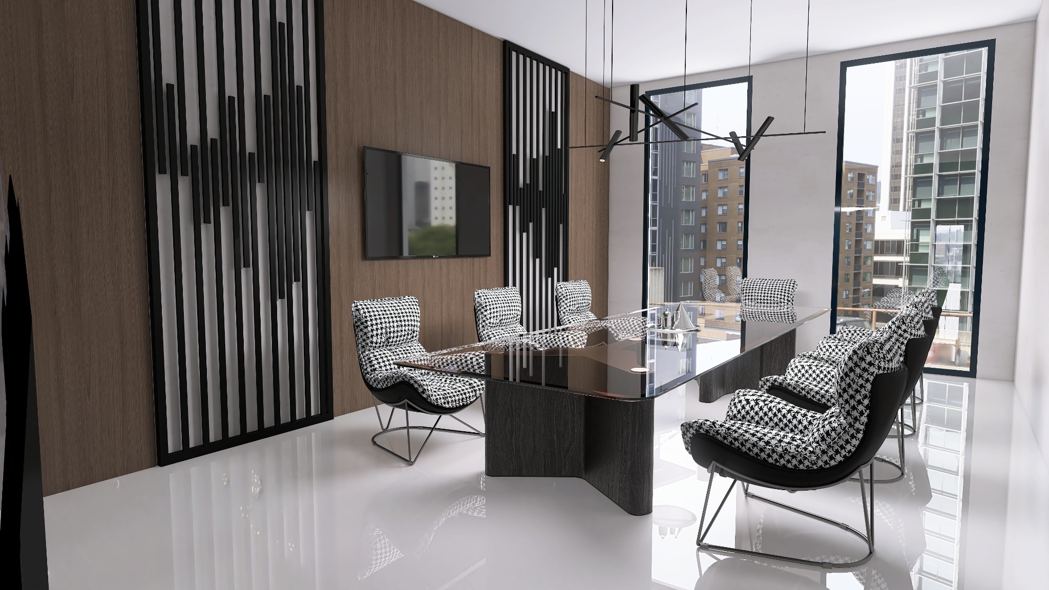 Nowoczesna sala konferencyjna z długim, szklanym stołem na ciemnej, drewnianej podstawie, otoczonym krzesłami obitymi tkaniną w pepitkę, oświetlona minimalistyczną lampą wiszącą, z widokiem...