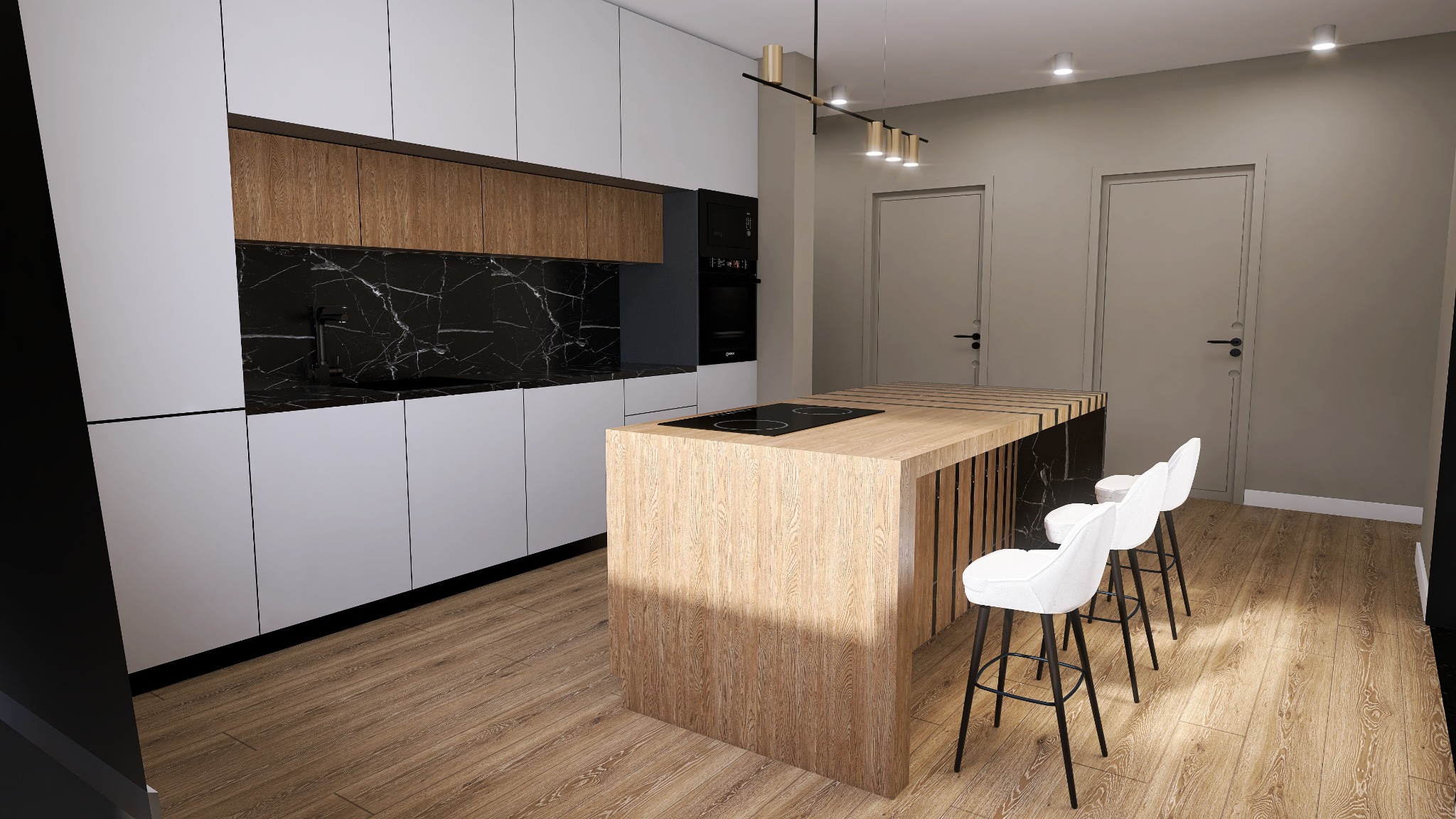 Wizualizacja nowoczesnej kuchni z wyspą, białymi szafkami, drewnianymi akcentami i blatem z czarnego marmuru z białymi żyłami, oświetlona lampami sufitowymi i trzema białymi hokerami.