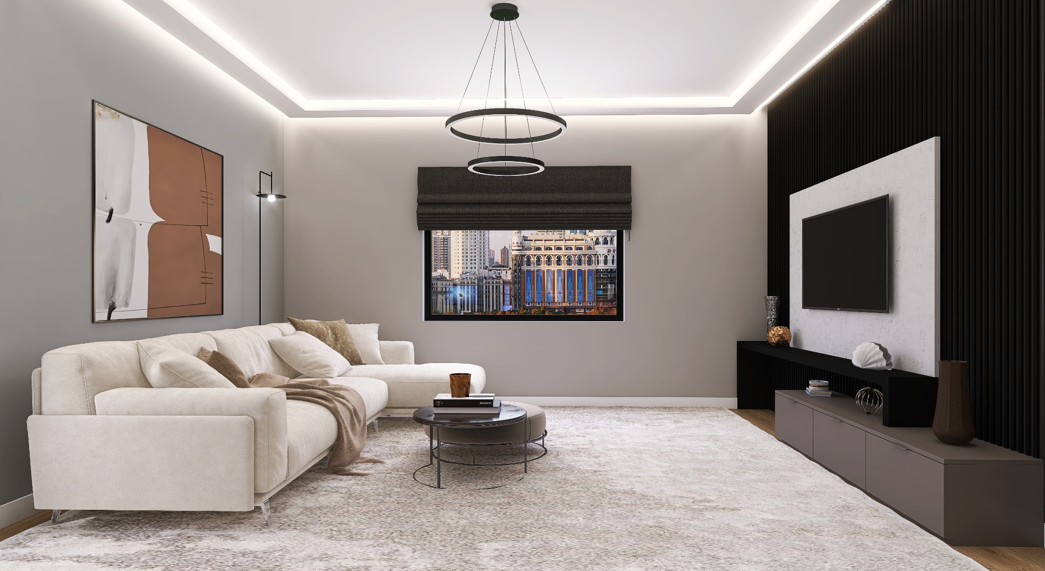 Jasny salon z narożną sofą, stolikiem kawowym, abstrakcyjnym obrazem na ścianie i widokiem na miasto za oknem, oświetlony nowoczesnymi lampami.