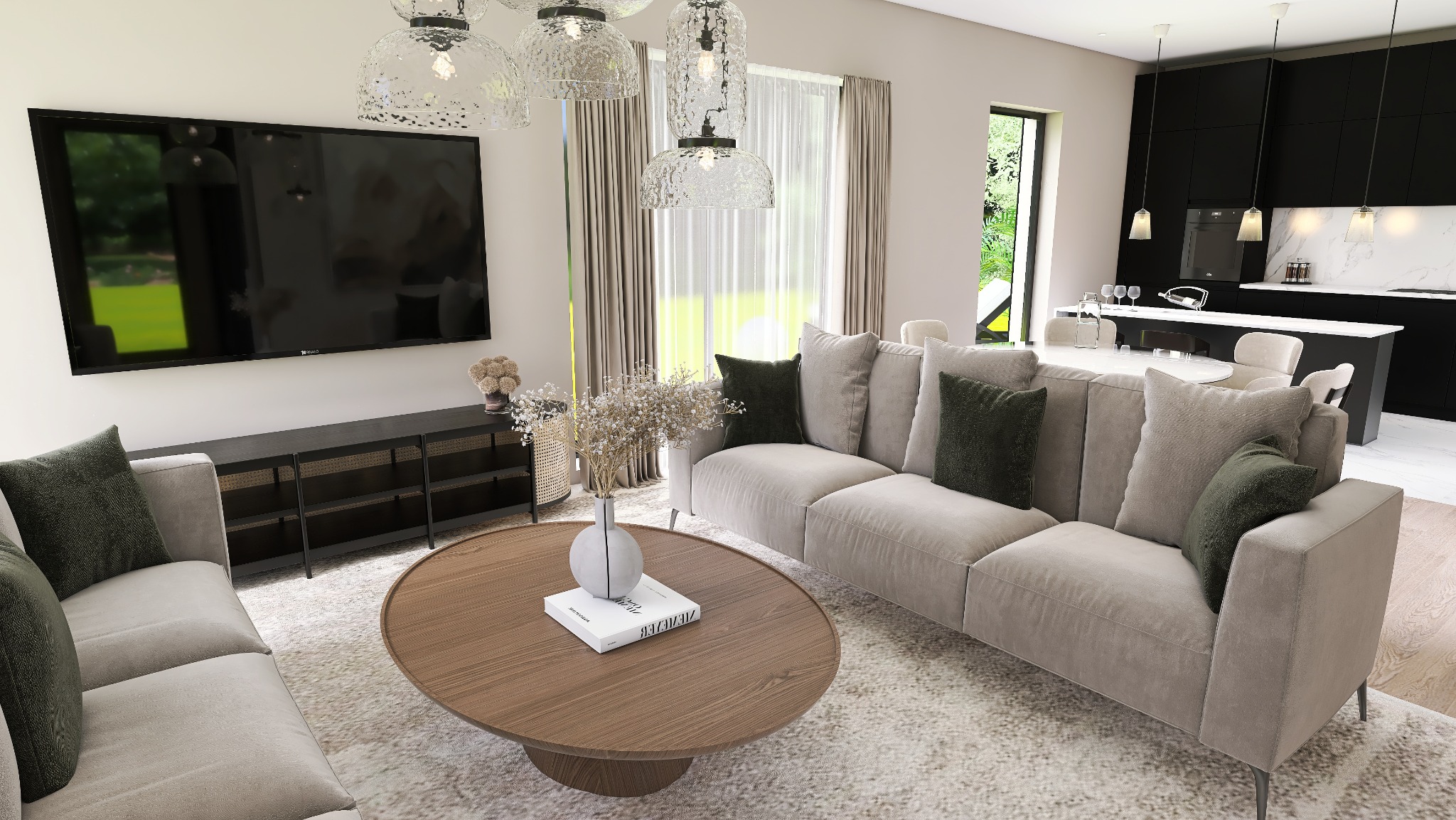 Jasny salon z beżową sofą, okrągłym drewnianym stolikiem kawowym z książką i wazonem, czarną szafką RTV pod telewizorem oraz otwartą kuchnią w tle.