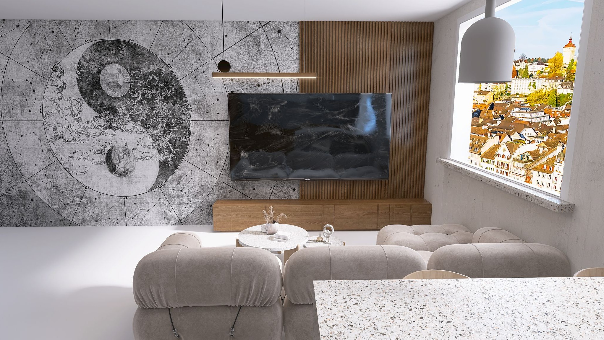 Wnętrze salonu z tapetą w stylu yin-yang, telewizorem na drewnianej ścianie, beżową sofą modułową i widokiem na miasto za oknem.