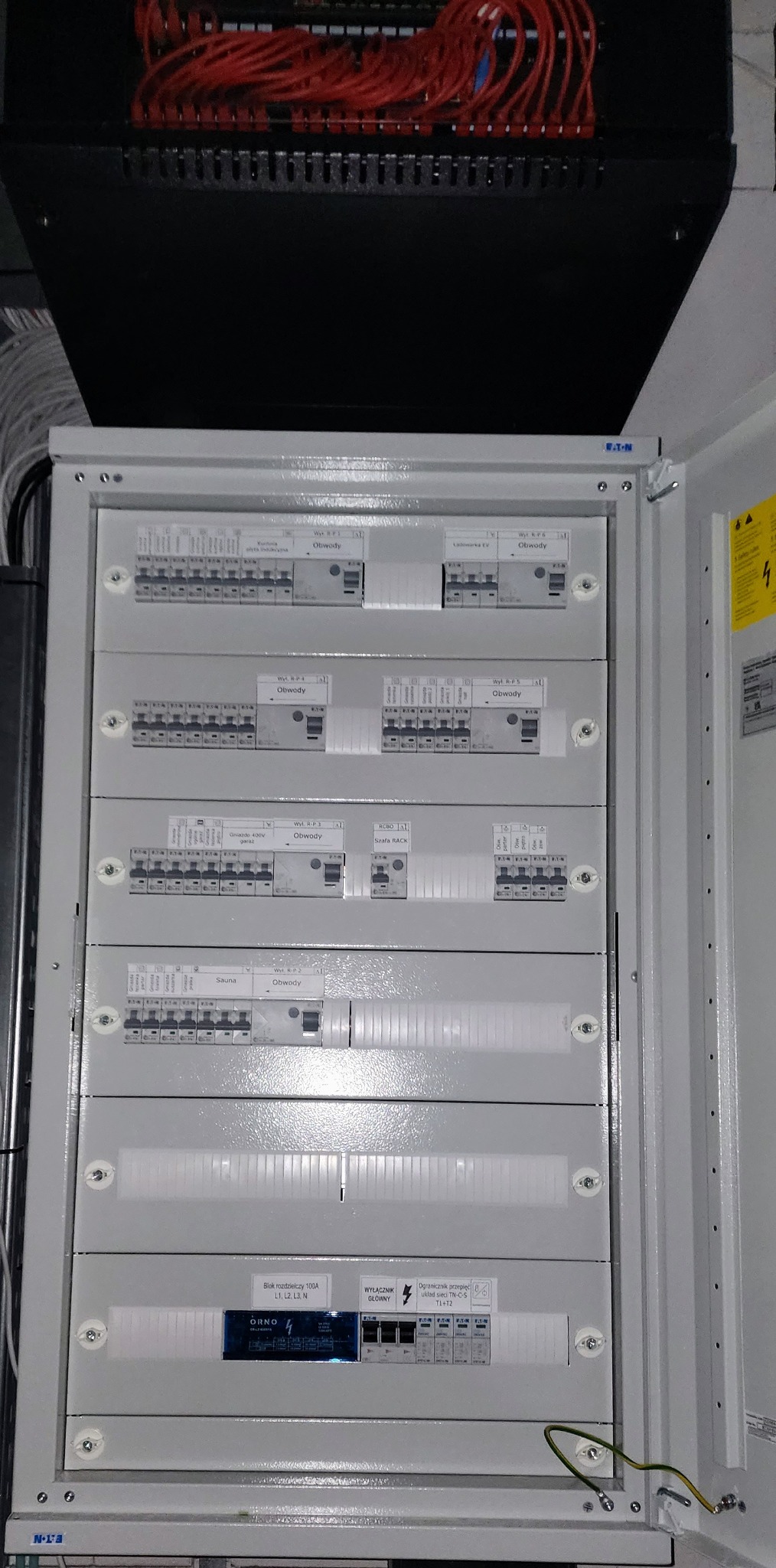 Otwarta skrzynka elektryczna w szarej obudowie, z widocznymi bezpiecznikami, wyłącznikami i przewodami. U góry widoczne czerwone kable.