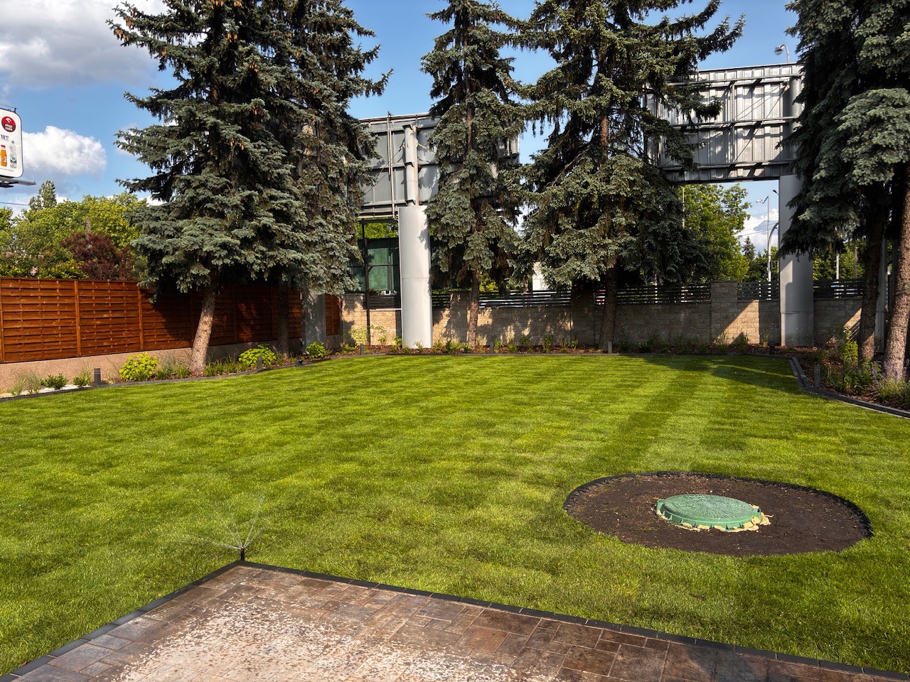 Zadbany trawnik z równo przystrzyżoną trawą w pasy, otoczony drzewami iglastymi i elementami małej architektury ogrodowej. W tle widoczny budynek i ogrodzenie.