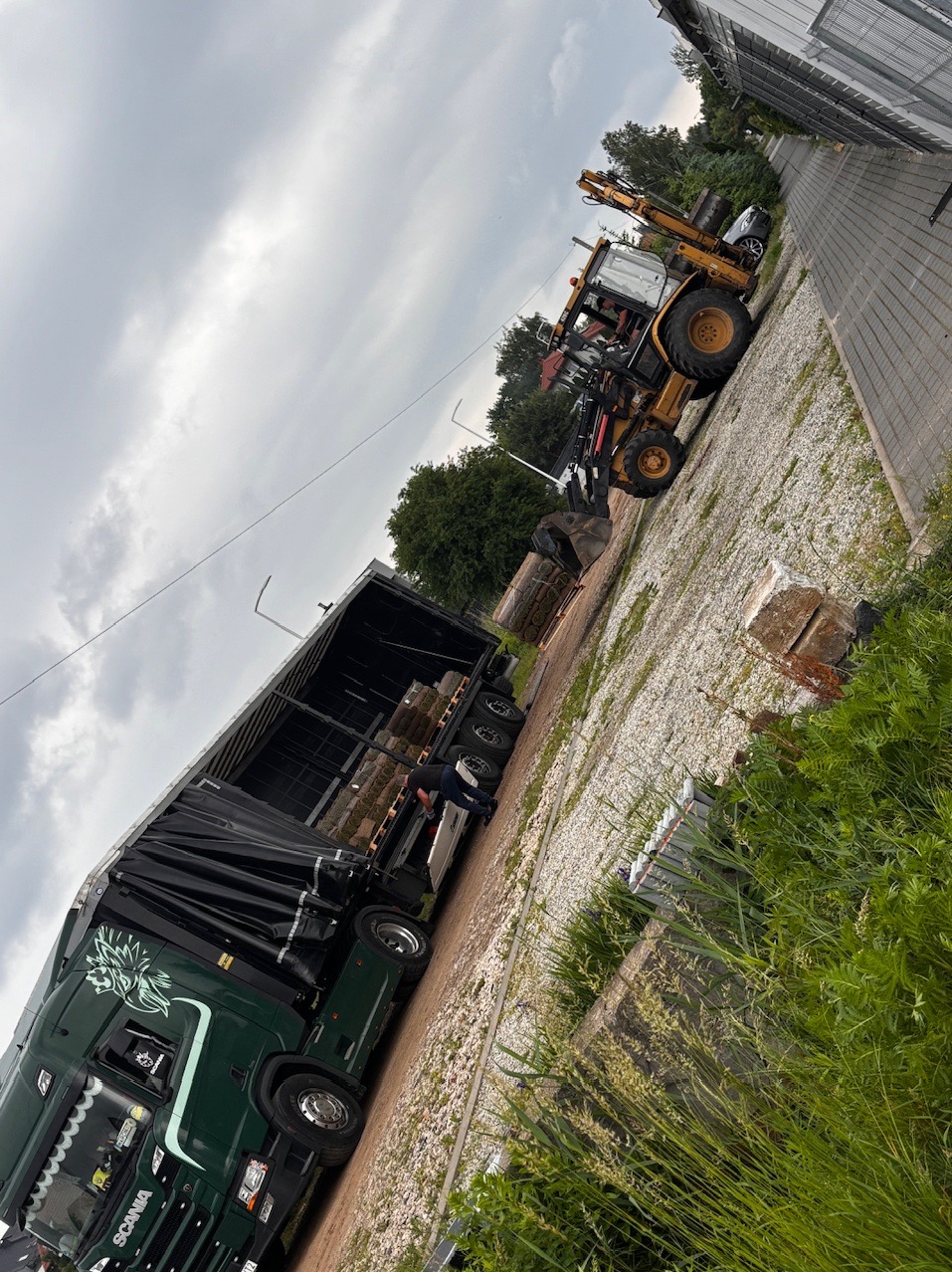 Ciężarówka z rolkami trawy na paletach, obok koparko-ładowarka. Dostawa trawy z rolki do ogrodu, widok na teren przygotowany pod rozładunek.