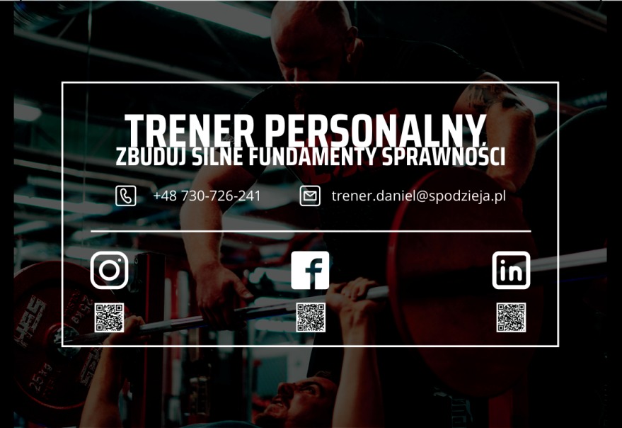 Grafika reklamowa z tekstem 'Trener Personalny. Zbuduj silne fundamenty sprawności', numerem telefonu, adresem email oraz ikonami Instagrama, Facebooka i LinkedIn, umieszczona na tle osoby...