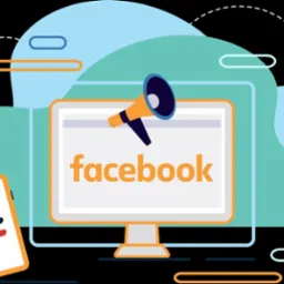 Ilustracja wektorowa przedstawiająca monitor z napisem 'facebook' i megafonem, obok smartfon z logiem firmy, na tle abstrakcyjnych kształtów.