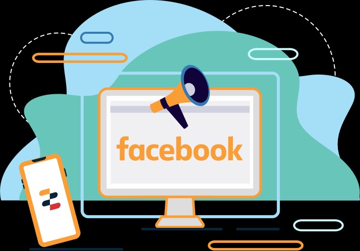 Ilustracja wektorowa przedstawiająca monitor z napisem 'facebook' i megafonem, obok smartfon z logiem firmy, na tle abstrakcyjnych kształtów.