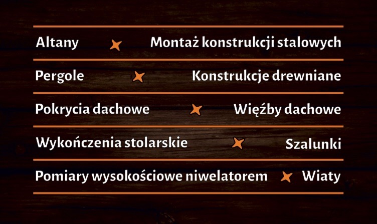 Grafika z listą usług firmy z Pyrzyc: altany, montaż konstrukcji stalowych, pergole, konstrukcje drewniane, pokrycia dachowe, więźby dachowe, wykończenia stolarskie, szalunki, pomiary wysokościowe...