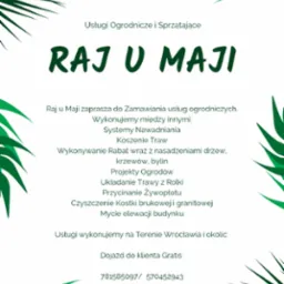 Grafika reklamowa firmy ogrodniczej 'Raj u Maji' z Wrocławia, oferującej systemy nawadniania, koszenie trawy, zakładanie rabat, projekty ogrodów, układanie trawy z rolki, przycinanie żywopłotu...