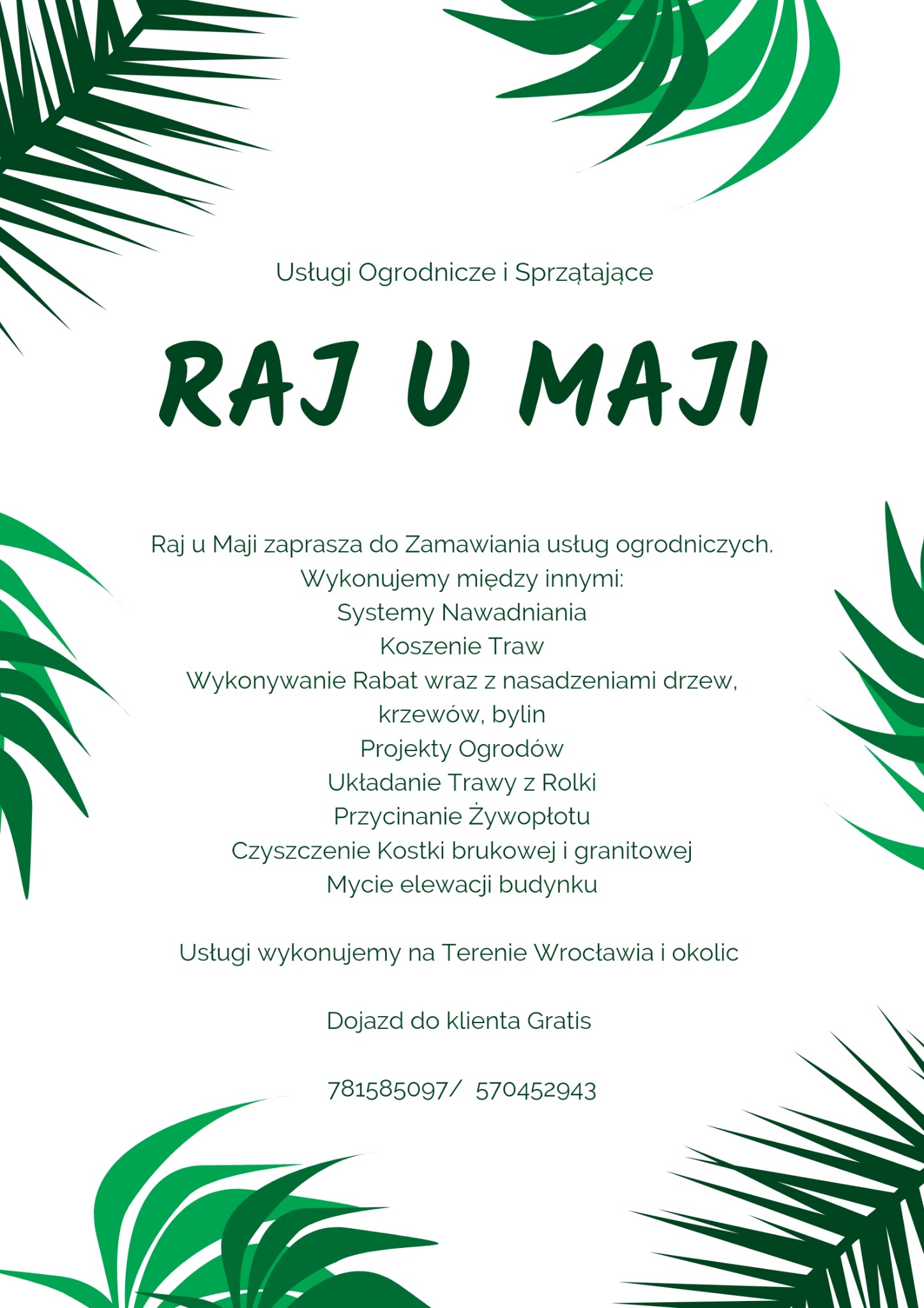 Grafika reklamowa firmy ogrodniczej 'Raj u Maji' z Wrocławia, oferującej systemy nawadniania, koszenie trawy, zakładanie rabat, projekty ogrodów, układanie trawy z rolki, przycinanie żywopłotu...