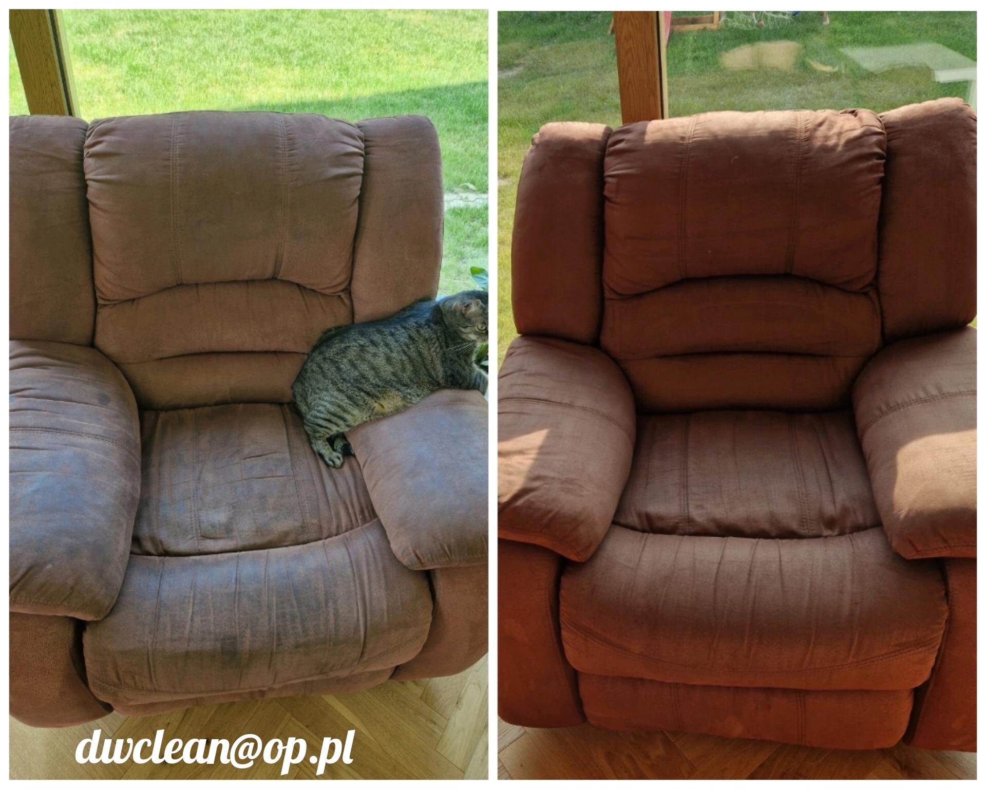 Brązowy fotel typu relaks przed i po praniu, z kotem leżącym na brudnej części, widoczne wyraźne różnice w czystości tapicerki.