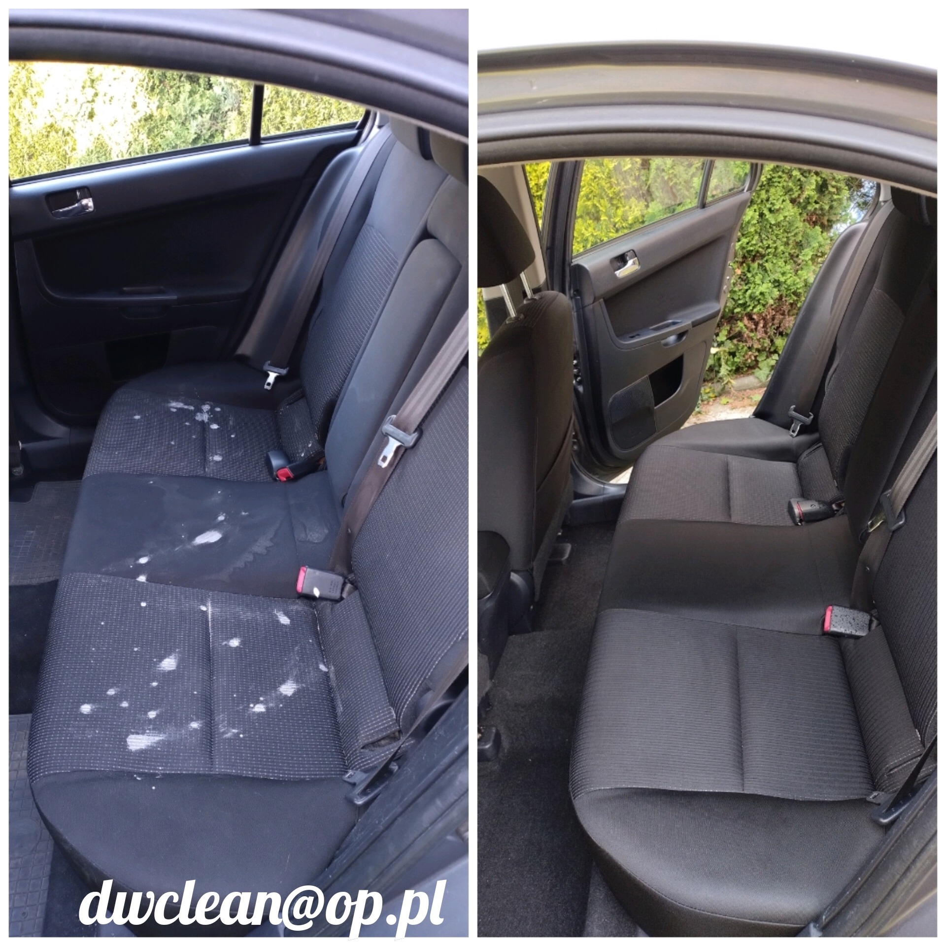 Porównanie tylnej kanapy samochodu przed i po czyszczeniu: widoczne plamy i zabrudzenia po lewej stronie, czysta i odświeżona tapicerka po prawej.