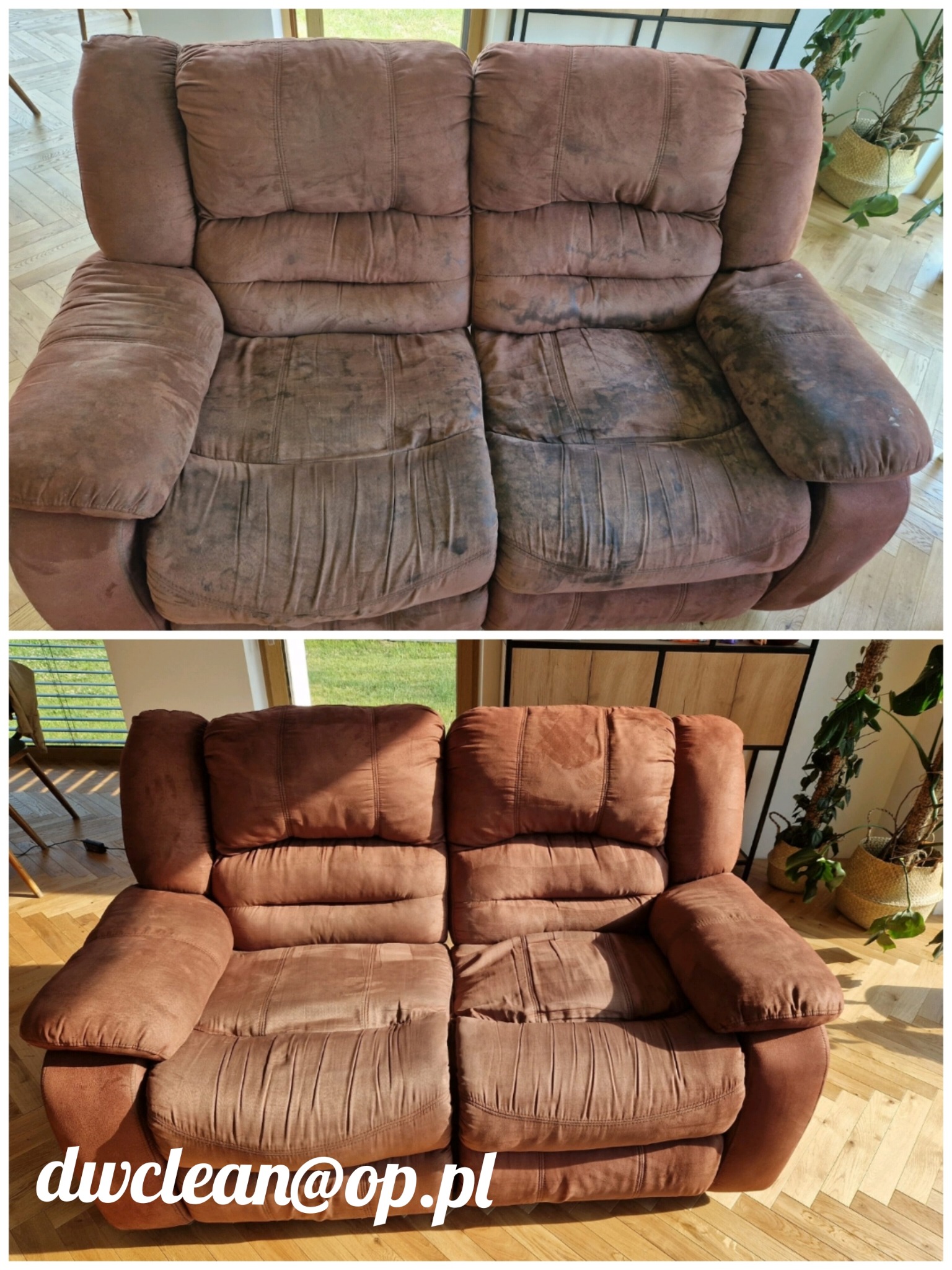 Dwuosobowa, brązowa kanapa z funkcją relaks, widok przed i po czyszczeniu, widoczne plamy i różnica w kolorze, na podłodze parkiet.